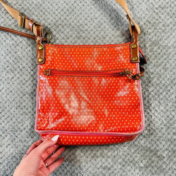 VINTAGE FOSSIL KEY PER NYLON CANVAS COATED ORANGE CROSSBODY TOTE BAG PURSE - Picture 3 of 5